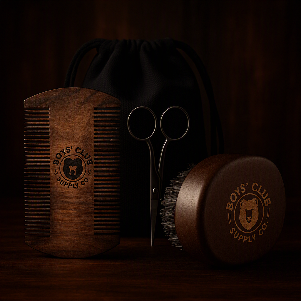 Gracemen Beard Kit - Retro Beard Brush & Dark Wooden Comb & Stainless Steel Scissors Gift Grooming Set for Men With Storage Bag