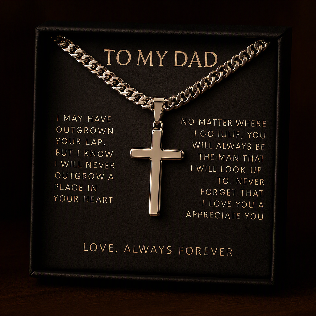 "To My Dad" Cross Necklace with Stainless Steel Cuban Chain - Thoughtful Father's Day Gift, Comes with Card and Gift Box