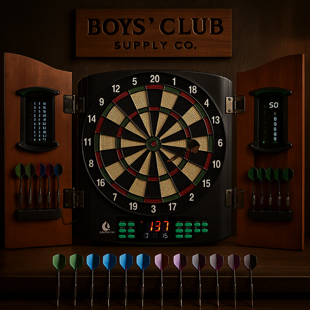 Electronic Dart Board with Wooden Door, Light Effects & Heckler Mode Electric Dartboard with 12 Darts & 100 Soft Tips, 50