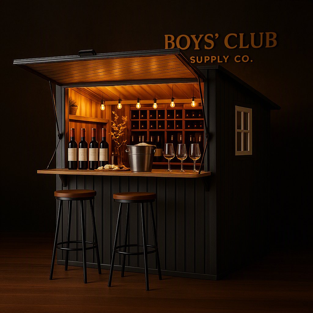 8x7 FT Outdoor Bar Shed with Canopy Black Sloped Roof Metal Outdoor Storage Shed with FoldDown Counter, TV Mount Ready Post amp