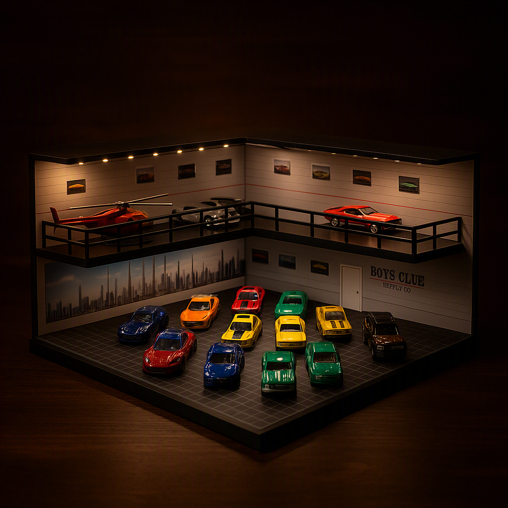 1/64 Car Showroom Garage Scene Model with Light Assembled Parking Lot Diorama Parking Place for Miniatures Vehicles Display