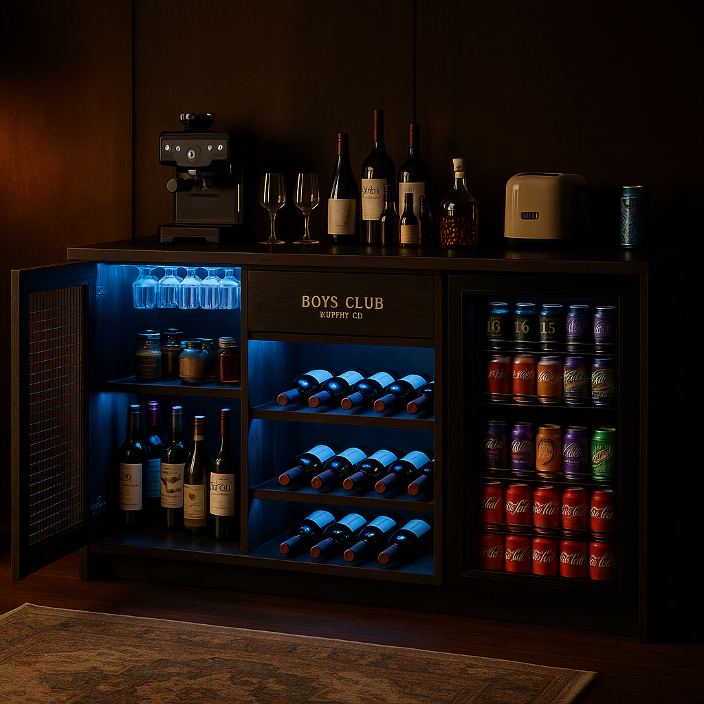 Liquor Cabinet with Storage&Mini Fridge Space, LED Light Bar Cabinet Bar for Home with Charging Station, Wood Long, Customized