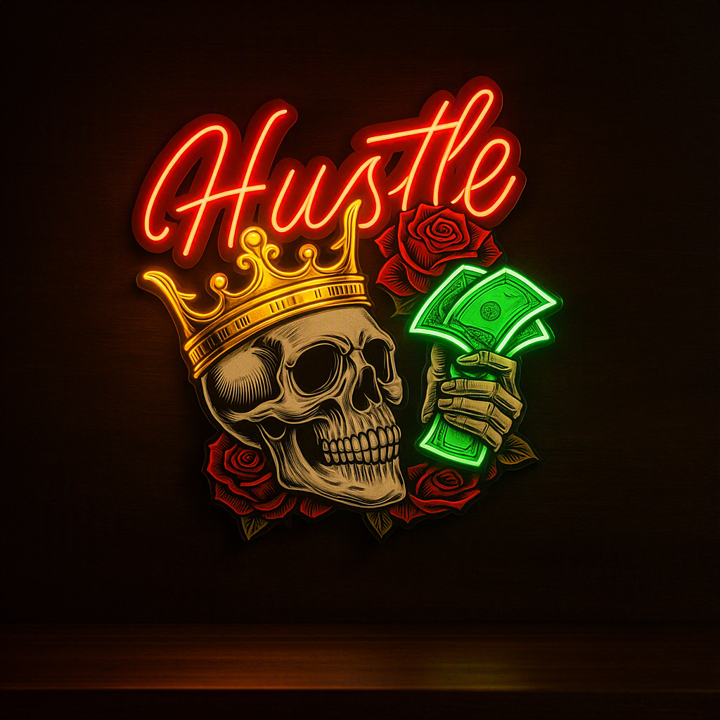 Rich Skull Neon Sign Wall Decor UV Print Skull Money Artwork Neon Pop Art Bar Beer Decor Man Cave Sign Bedroom Home Wall Decor