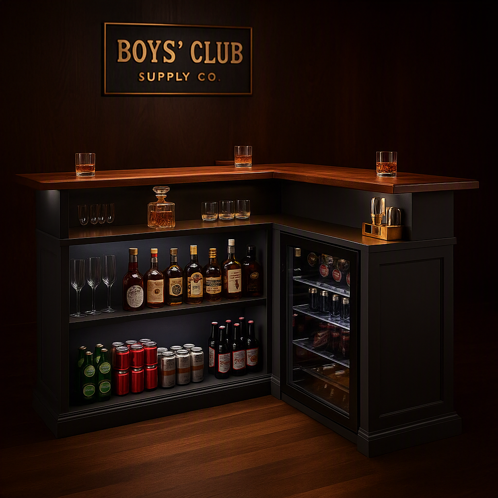 L-Shaped Home Bar Cabinet with Fridge Space, Oversized Basement Bar Basement & Man Cave Bar, Seats 5+ Guests, Customized