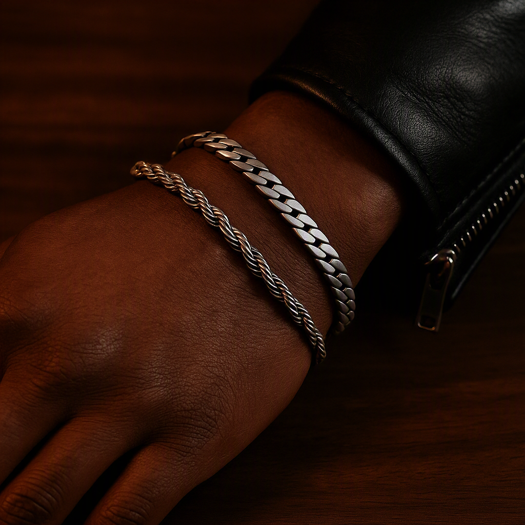 2pcs Men's Chain Bracelets, Stainless Steel Silver Gold Black Color Twist Rope Chain Wristband, Trendy Cuban Link Chains Gift